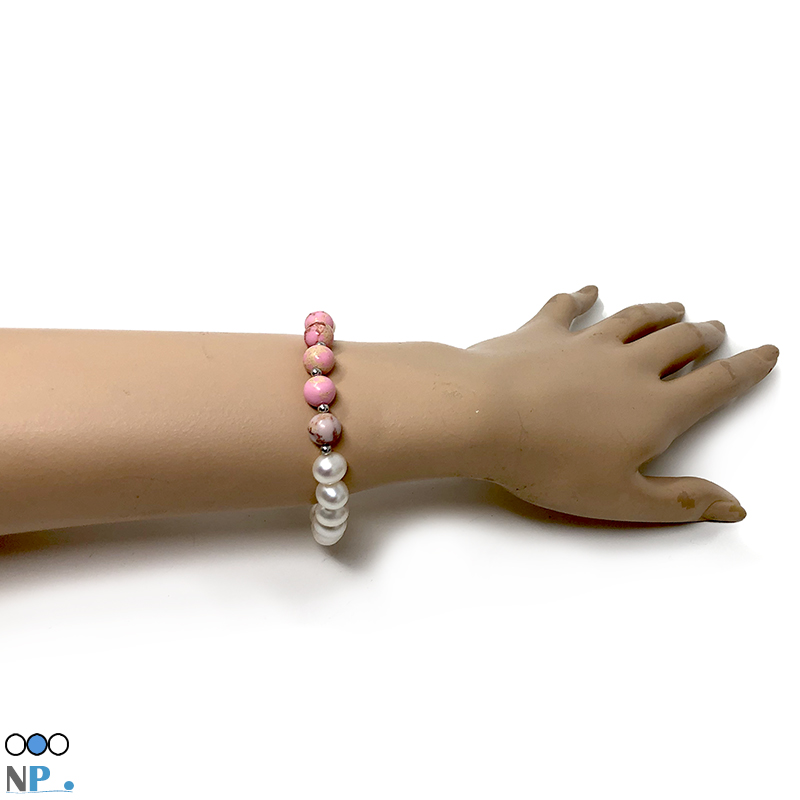 Bracelet sur élastique avec perles blanches de culture et Pierres semi précieuses Sediment de la Mer Rose avec billes en Or gris 14k de 3 mm